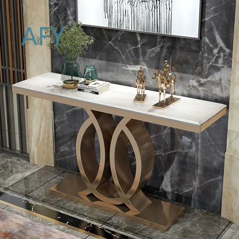Modern Minimalist Entryway Console Table for Living Room Hallway Use Marble Look Wall Mounted Stone Slab Bench with Stainless