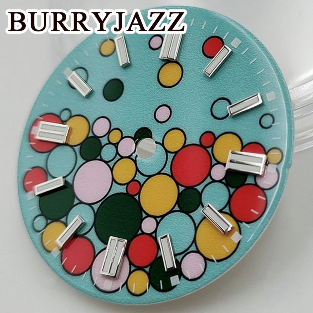 قرص ساعة من Burryjazz مضيء ، بدون شعار ، قرص أزرق وأخضر ووردي ، الساعة 3: 00 ، علبة ساعة التاج ، ، من من نوع NH35 4R35 NH34 #4