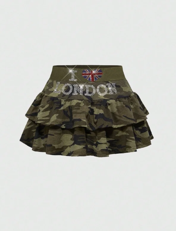 Modischer „Spicy Girl“-Flaggenrock mit Strass, Hochgeschnittener Kurzer Rock, Retro-Camouflage, Süßer Cooler Doppellagiger Plissee-Rock – Detail 4