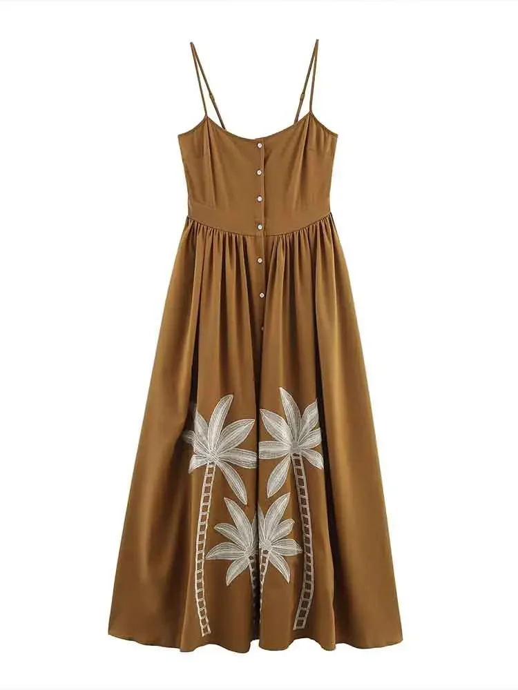 

European style new women's fashion versatile temperament sleeveless front button embroidered suspender dress