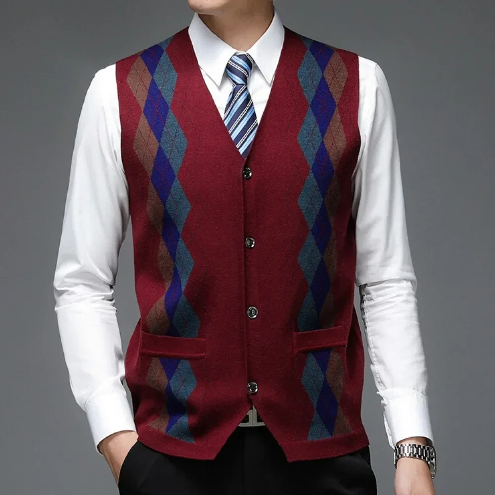 2025 Men\'s Business Casual Pullover Wear Warm Sleeveless Wool Knitted Cardigan Sweater Vest Tops