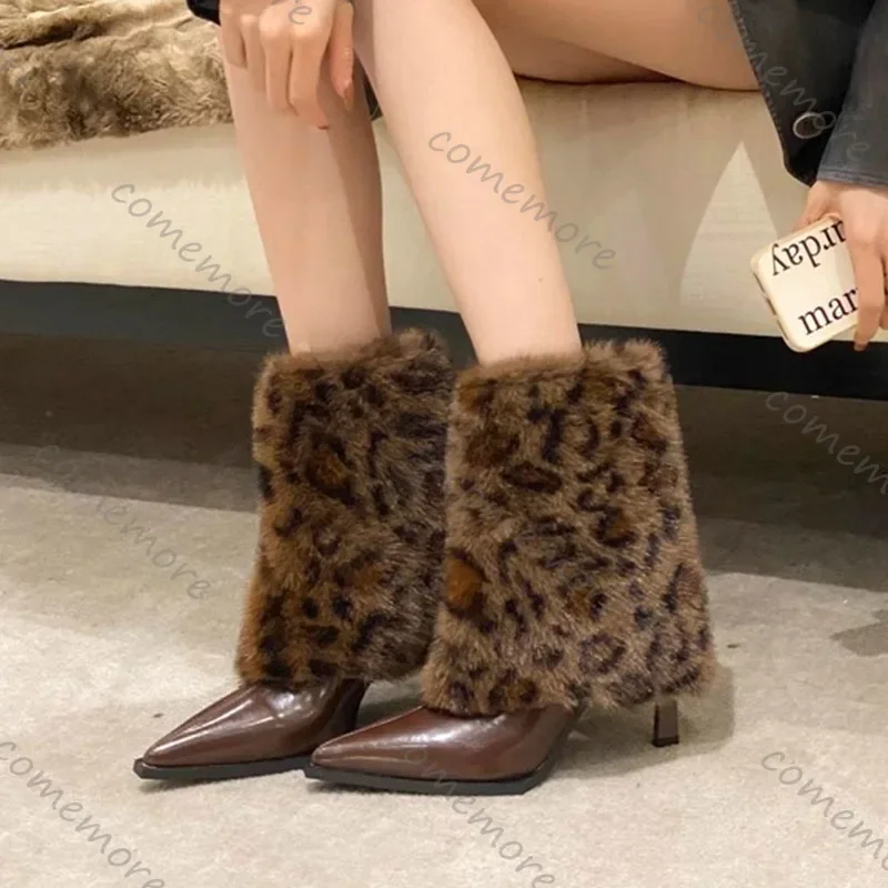 المرأة أحذية عالية الكعب مثير ليوبارد طباعة مصمم الفراء الشتاء الأحذية مزاجه وأشار عالية الكعب الجوارب القصيرة بوتاس موهير #1