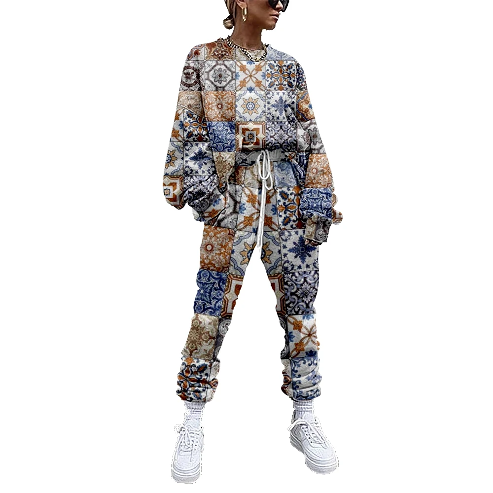 

Women Tracksuit Ethnic Style Pattern 2 Piece Outfit Sweatshirt+Straight Sweatpants Matching Set Fitness Sporty Streetwear