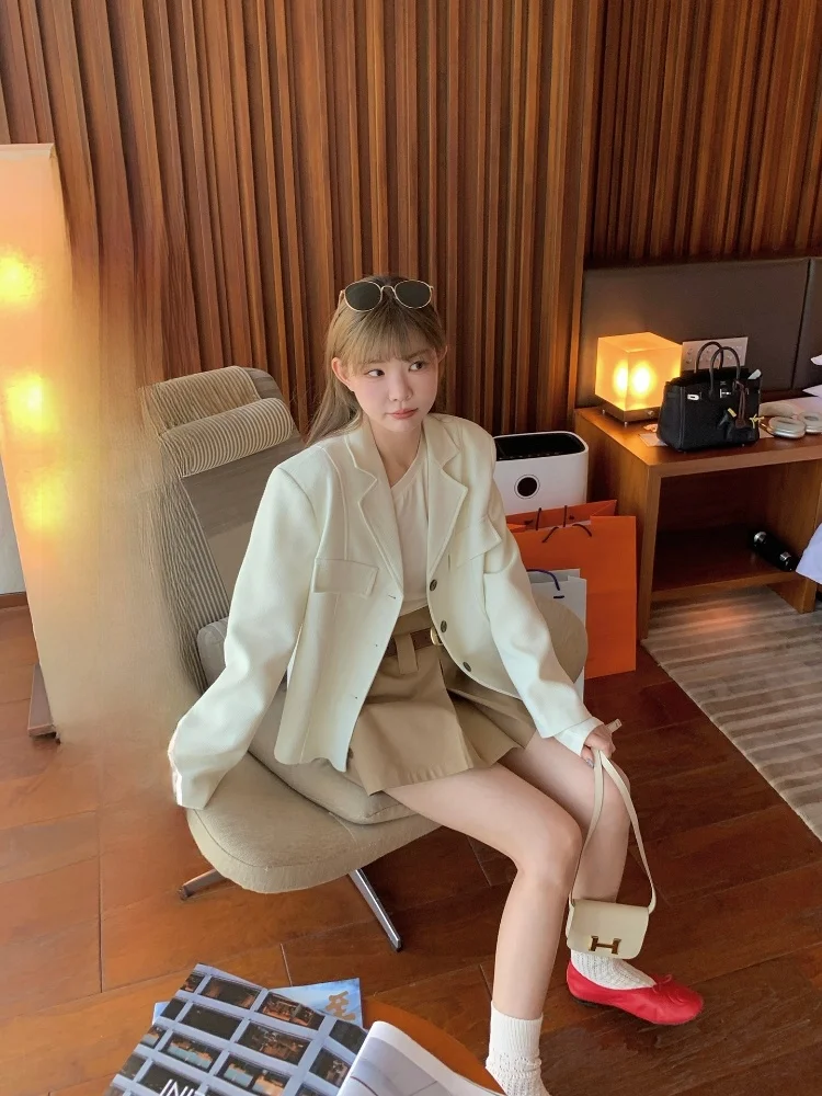 

Cleanfit White Suit Jaet Friday Chill Time Smooth Tailored Waist-Cinching Design Busin Casual Polyester Fiber ort Coat