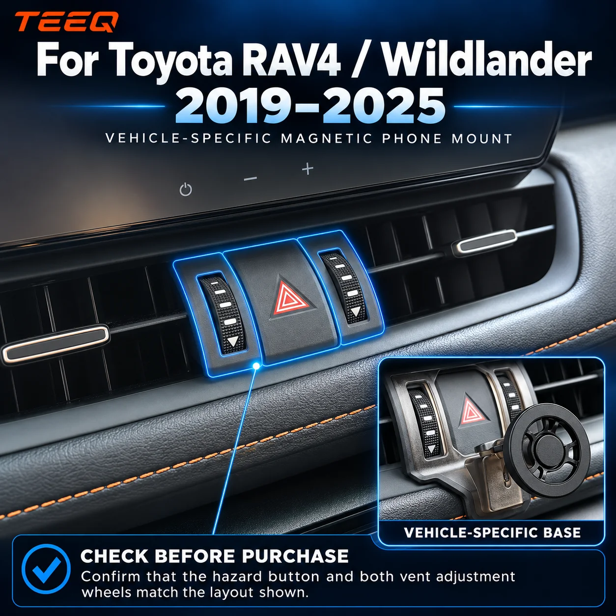 TEEQ Magnetic Car Phone Holder For Toyota RAV4 Wildlander 2019-2025, Vehicle-Specific Center Mount, Adjustable Phone Stand