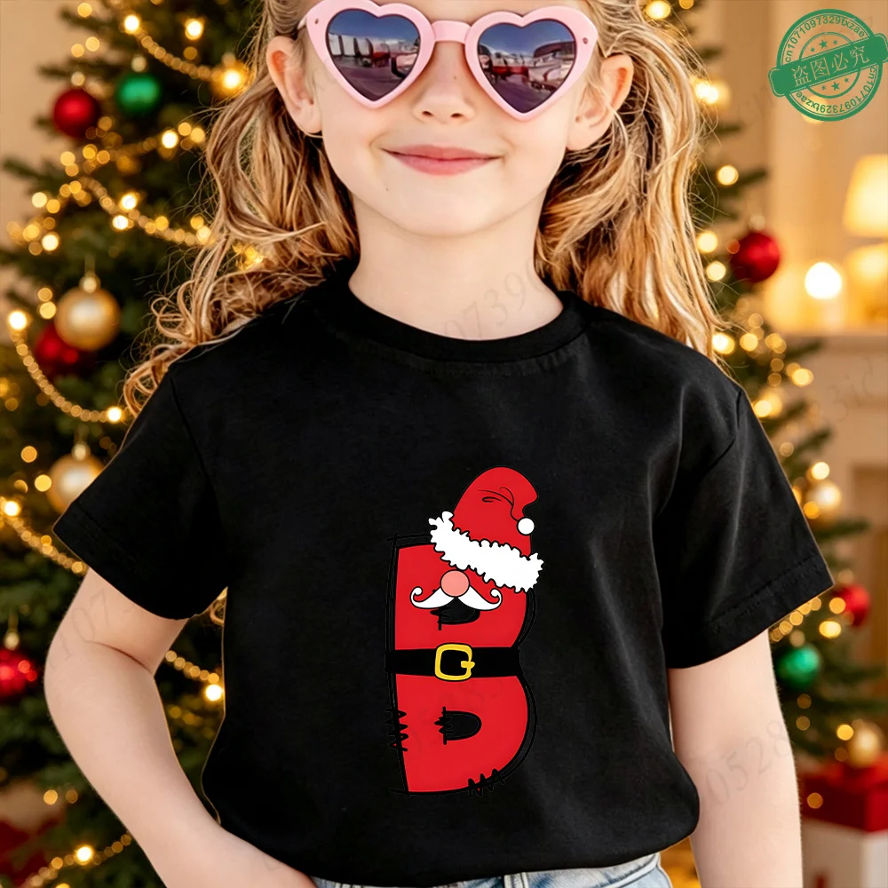 Cute Santa Hat Beard 26 A‑Z Alphabet Graphic Children Christmas T‑Shirt Cotton Short Sleeve Boys Girls Winter Festival Party Tee