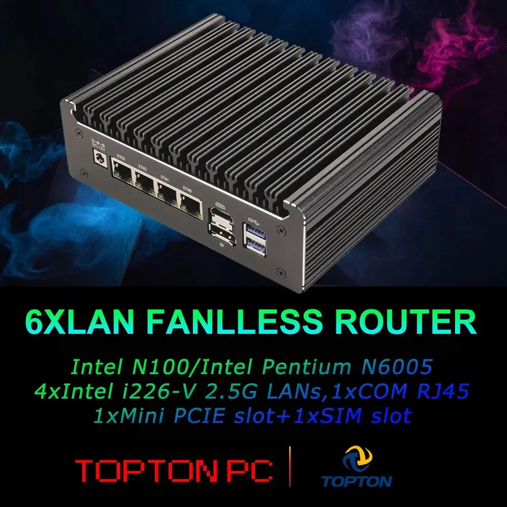 Mini computadora con 4 LANs i226-V 2.5G AES-Ni Intel N100 Pentium N6005 Pfsense Firewall Router Servidor Computadora 4 * USB 1 * COM RJ45