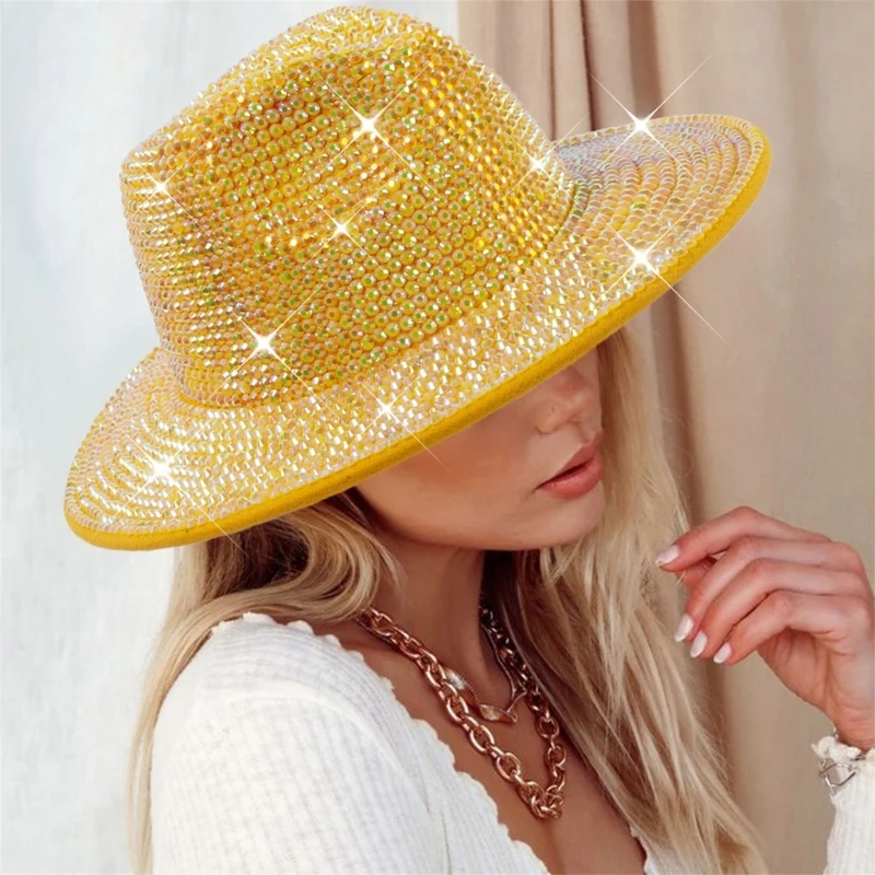 Adult Glitter Rhinestones Cowboy Hat Vintage Western Jazz Disco Party Hat Women Casual Solid Wide Brim Cowgirl Cap Photo Props