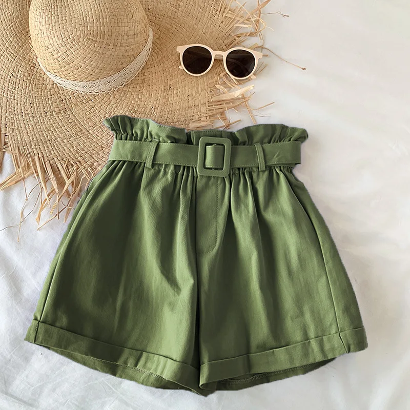 Solid High Waisted Casual Shorts Women Summer A-line Sweet Short Pants Female Fashion Belt Simple All-match Lady Bottoms