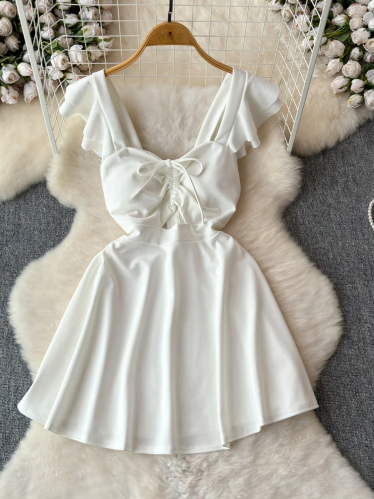 Foamlina seksowna klubowa sukienka damska modna solidna z koronkowym dekolt w szpic wycięty z latającym rękawem wysoka talia letnia krótka sukienka