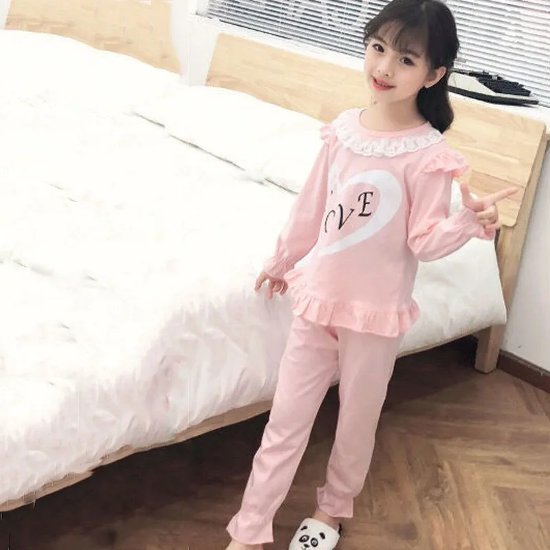 Girls Spring Autumn Cotton Long-sleeved Pajamas Set Children's Sweet Style Lace Home Clothes Baby Girl Round Neck Set Pajamas