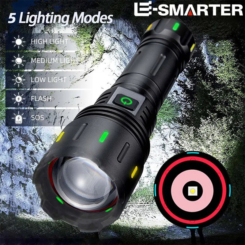 

Новый поисковый зум-вспышка, супер яркий светодиодный фонарик, 5 режимов, масштабируемый, водонепроницаемый, для дома, кемпинга, пешего туризма, тактические фонарики