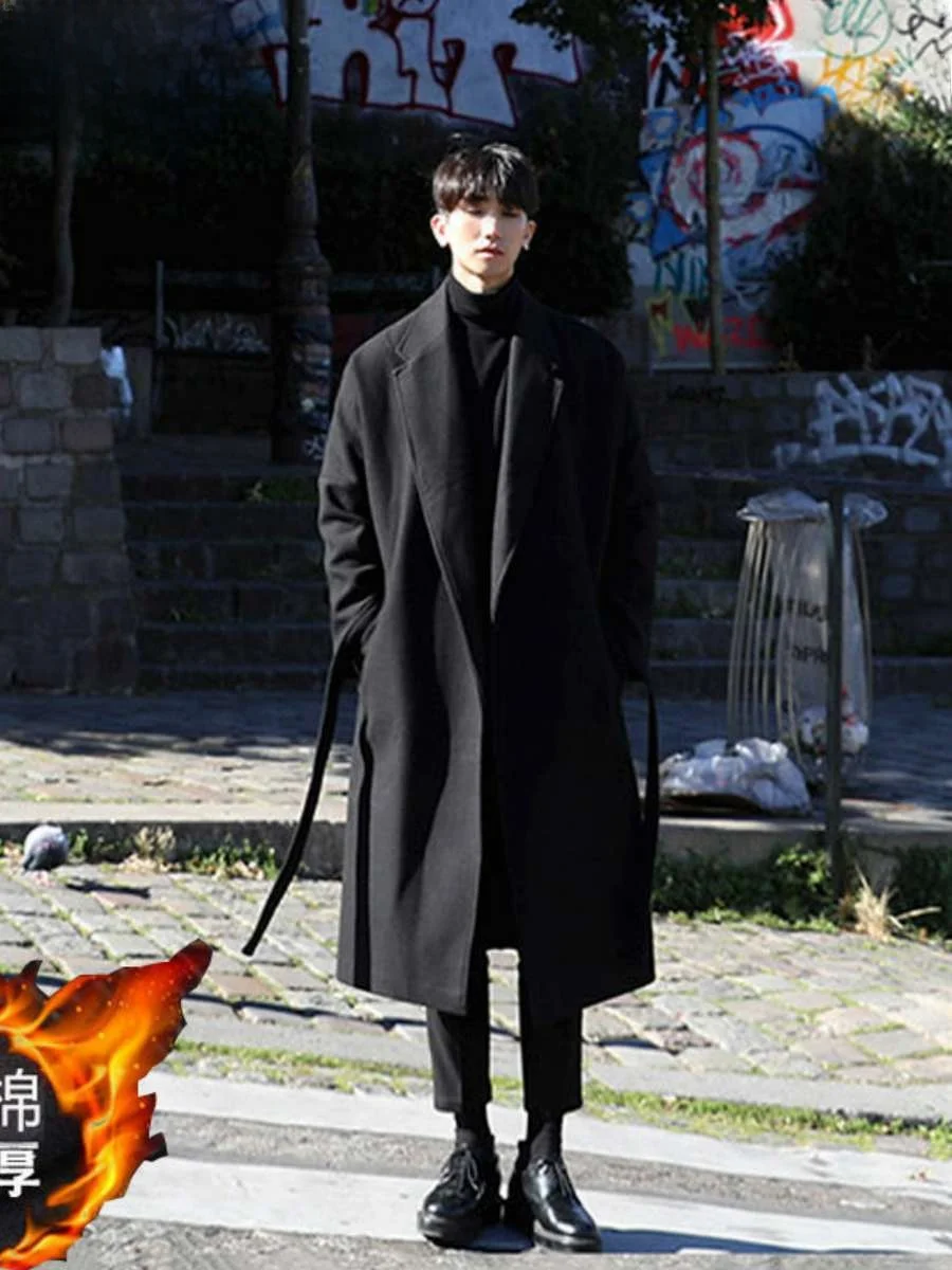 

Men's Thiened Woolen Coat Long Sle Briti Loose Belted Pure Color Turn-down Collar Windbreaker Outerwear Youthful Vitali...