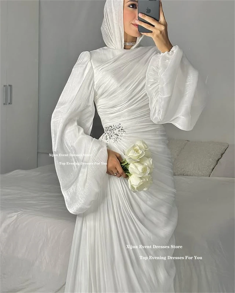 Xijun Modest Ivory Muslim Evening Dresses Full Sleeves Crystal Wedding Party Dresses Pleats Dubai Formal Prom Dresses Customized image 2