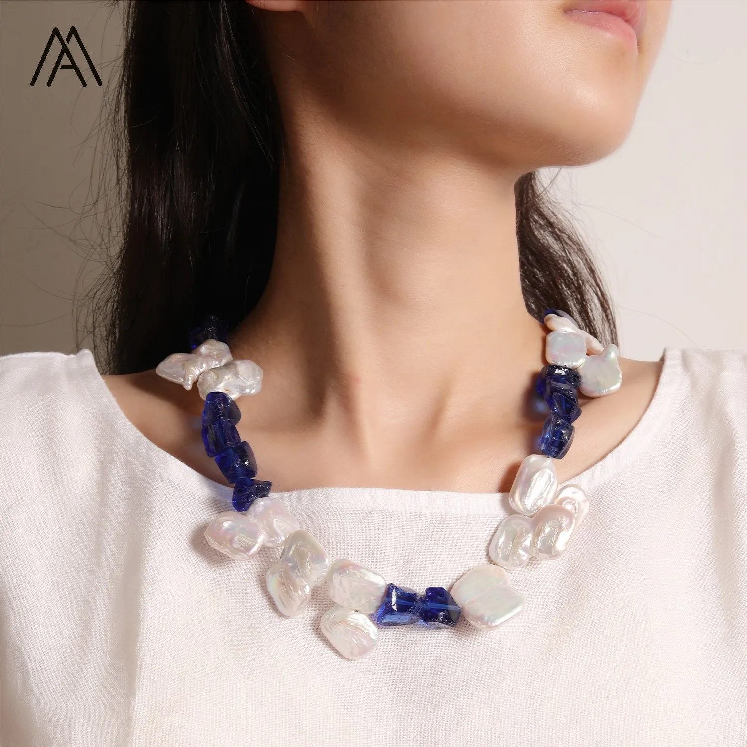 Natural Baroque Pearls Chokers Necklace Irregular Pearls with Blue Glass Statement Jewelry Accessory for Women Gift 20 Inches