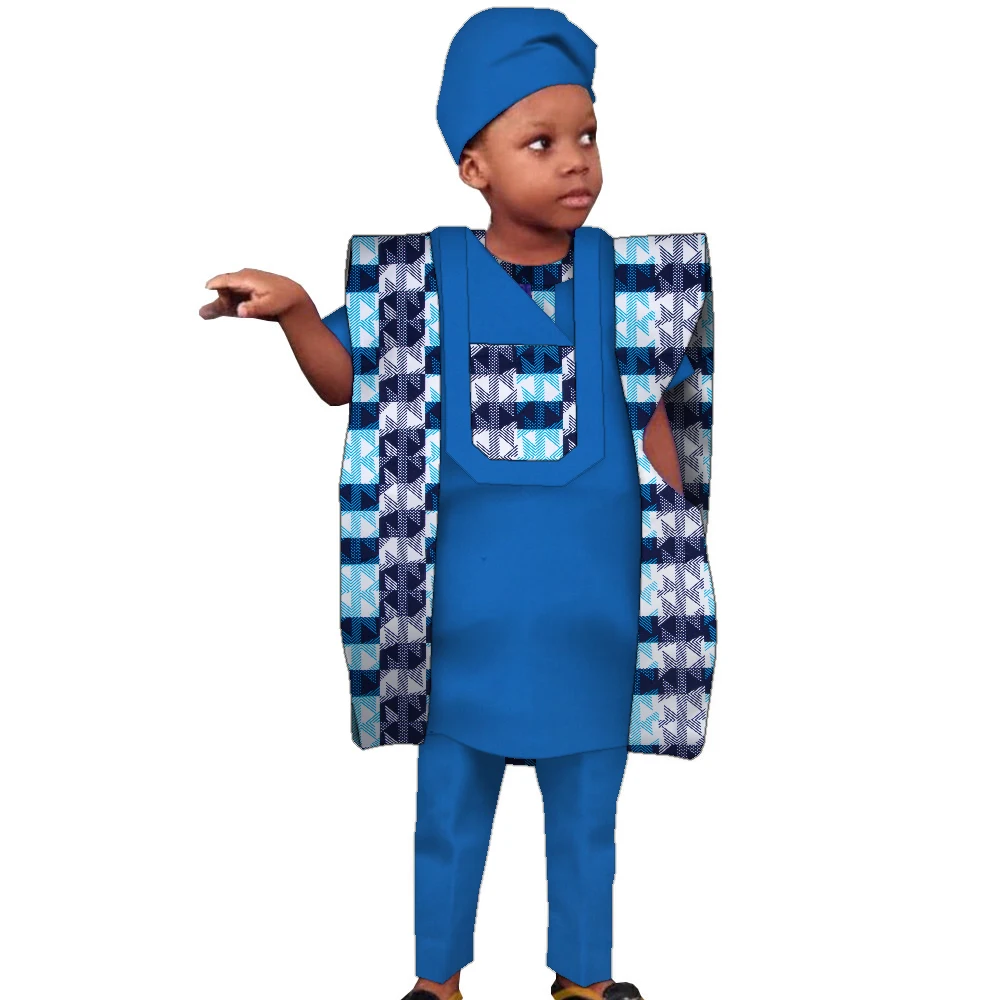 Children\'s Clothing African Agbada Robe Suit for Kids Patchwork Dashiki Boy Suit 4 Pcs Set Shirt Pant and Coat with Hat WYT619