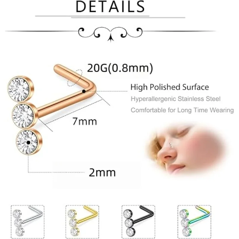 3PCS Surgical Steel Triple Linear Gem Ball Nose Stud Rings