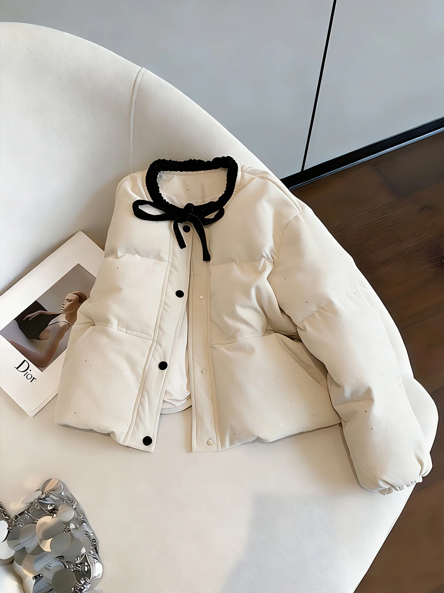 

Retro Knot Tied Cotton Jaet Women's Autumn Winter Warm Loose Bread Sle Outerwear Bow Colion Color Design