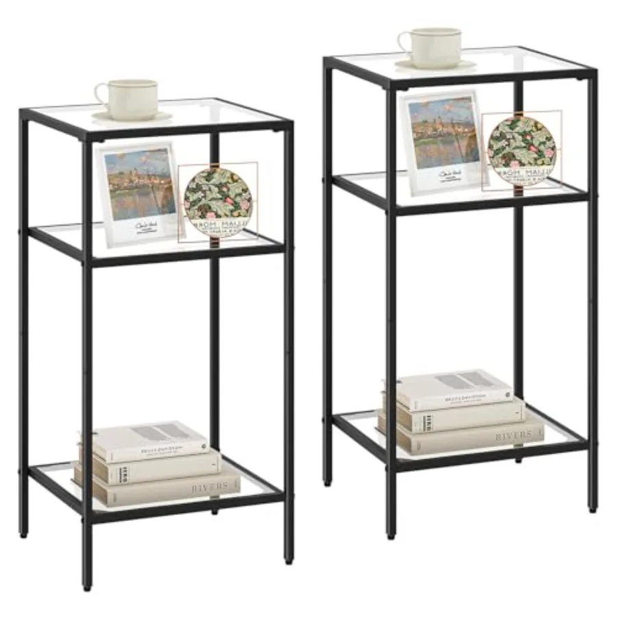 

3-Tier Side Tables Set of 2 End Tables with Tempered Glass Nightstands with Storage Shelves Slim Sofa Tables for Living Room Be