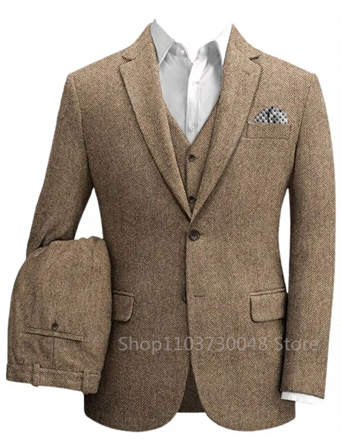 

Classic Khaki Herringbone Business Suits Men Slim Fit Notch Lapel Single Breasted Jacket Vest Pants 3 PCS Groom Banquet Tuxedo