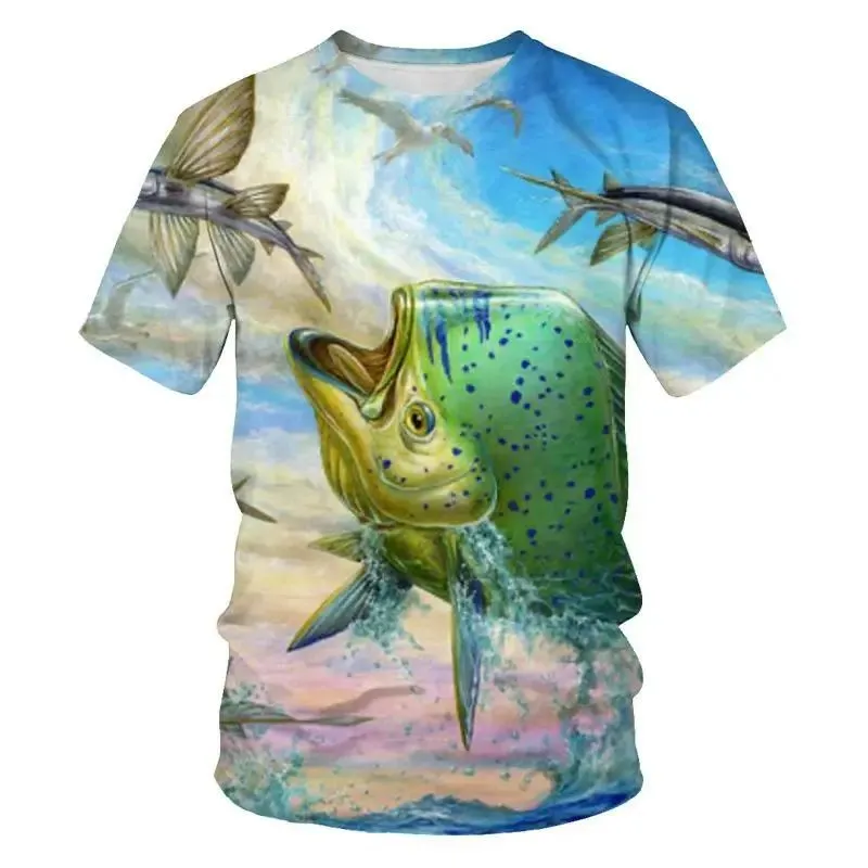 2023 Summer Men 3d Printed Ocean Fish Pattern Fashion Sport O Collar Short Sleeve T-Shirt Fun Funny Baggy Plus Size Casual Top