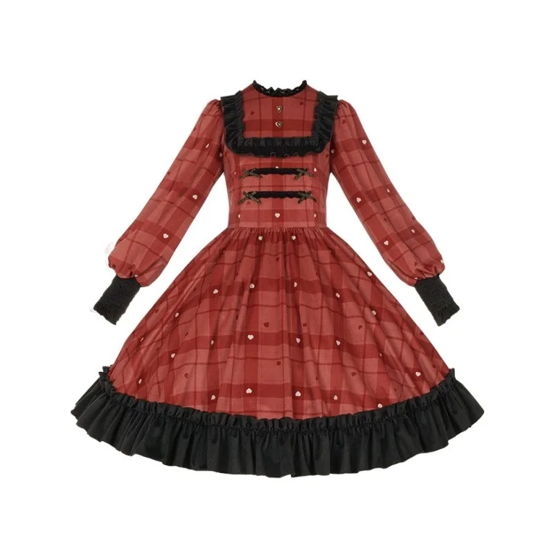 Vestido estampado a cuadros para mujer, manga larga, borde con volantes, color negro, rojo baya, Lolita OP, primavera y otoño