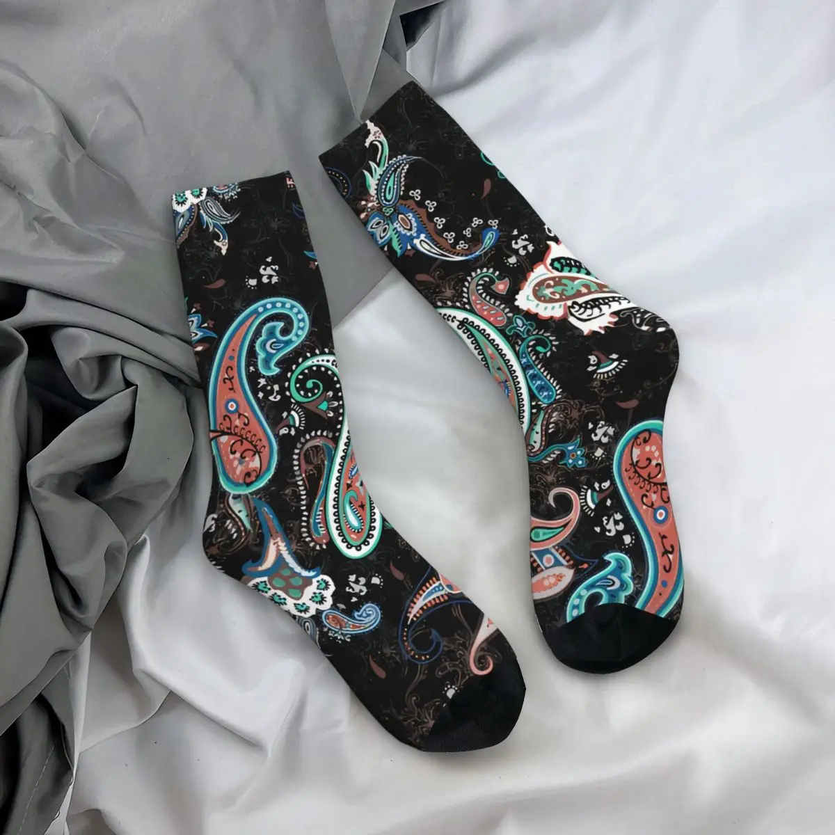 Meias Design Floral Digital Allover dos homens, Unisex Têxtil Crazy Crew Sock, Estilo Paisley, Street Style, Padrão Impresso Sem Costura