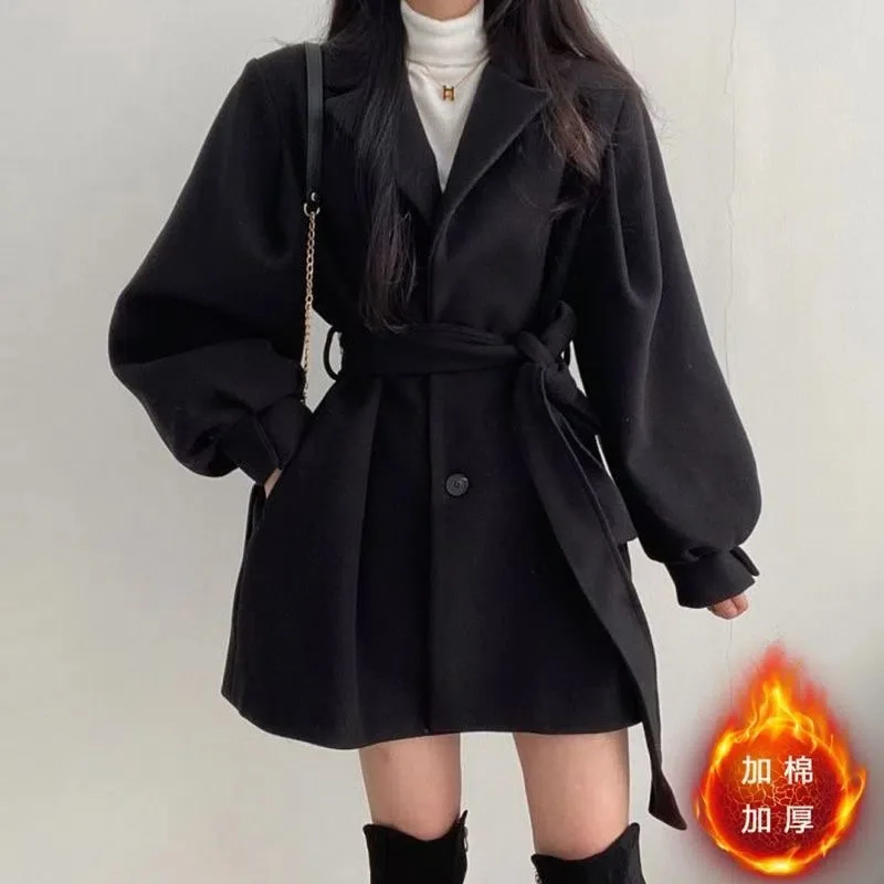 Women Wool Coat Jacket Woolen Outerwear Lantern Sleeve Single Breasted Turn Down Collar Lace Up Vintage Autumn Winter Overcoat