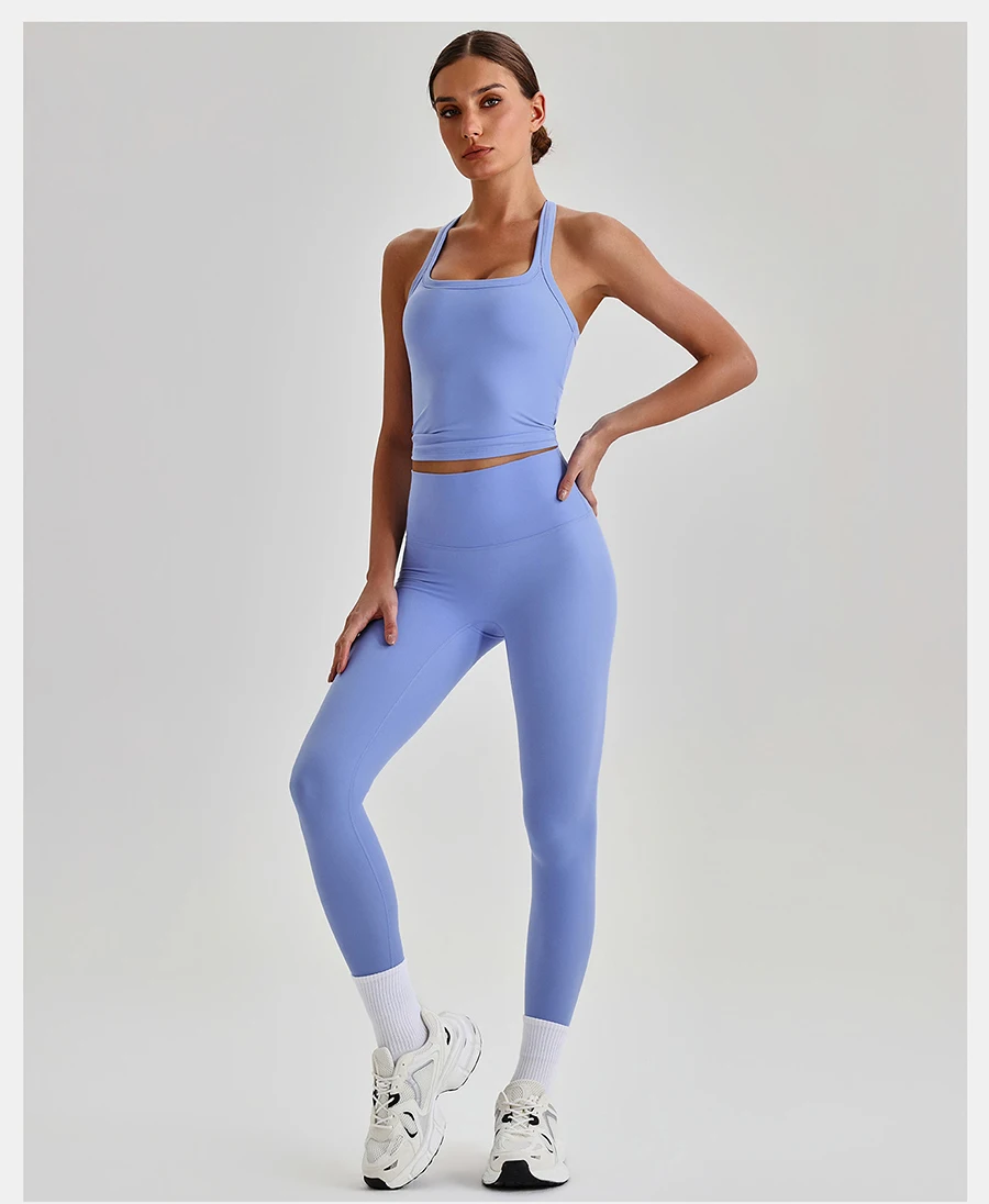 Butterweiches 2-teiliges Yoga-Set für Damen: Trainingskleidung mit gepolstertem Cross-Back-Tanktop und High-Waist-Leggings mit Po-Lifting-Effekt – Sportbekleidung für das Gym – Detail 7