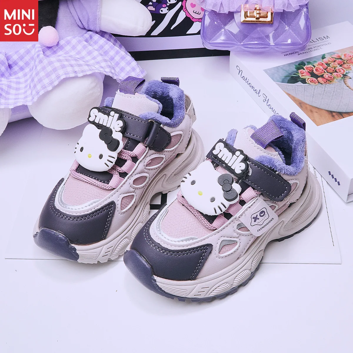 

Детские кожаные флисовые кроссовки Miniso на крючках, обувь для папы, теплая толстая зимняя модная обувь для бега для девочек