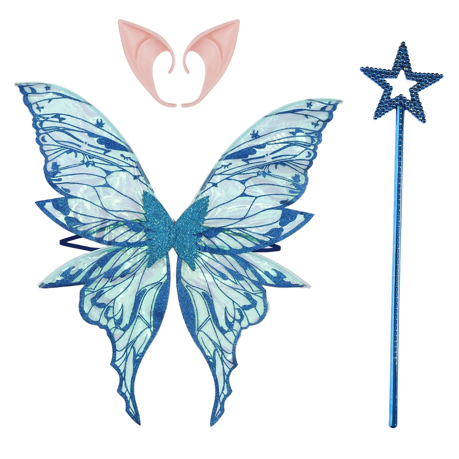 Asas de fada borboleta mulheres meninas brilho princesa asa de anjo com orelhas de elfo formato de estrela bastão de fada adereços de desempenho de halloween