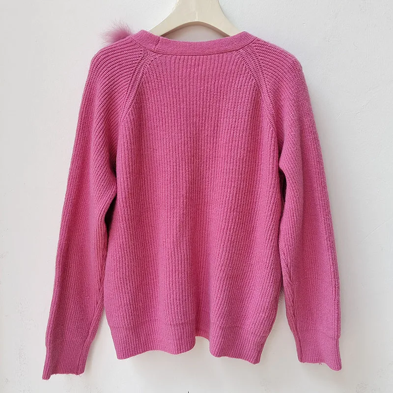 2025 Real Fox Fur Trim Cardigan With Button Long Sleeve Loose Women Fashion Knitted Open Stitch Sweater Female Winter Outwear