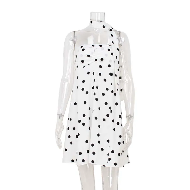 Women's Strapless Summer Mini Dress Elegant Dot Print Sleeveless Bandeau Short A-Line Dress with Matching Neck Scarf