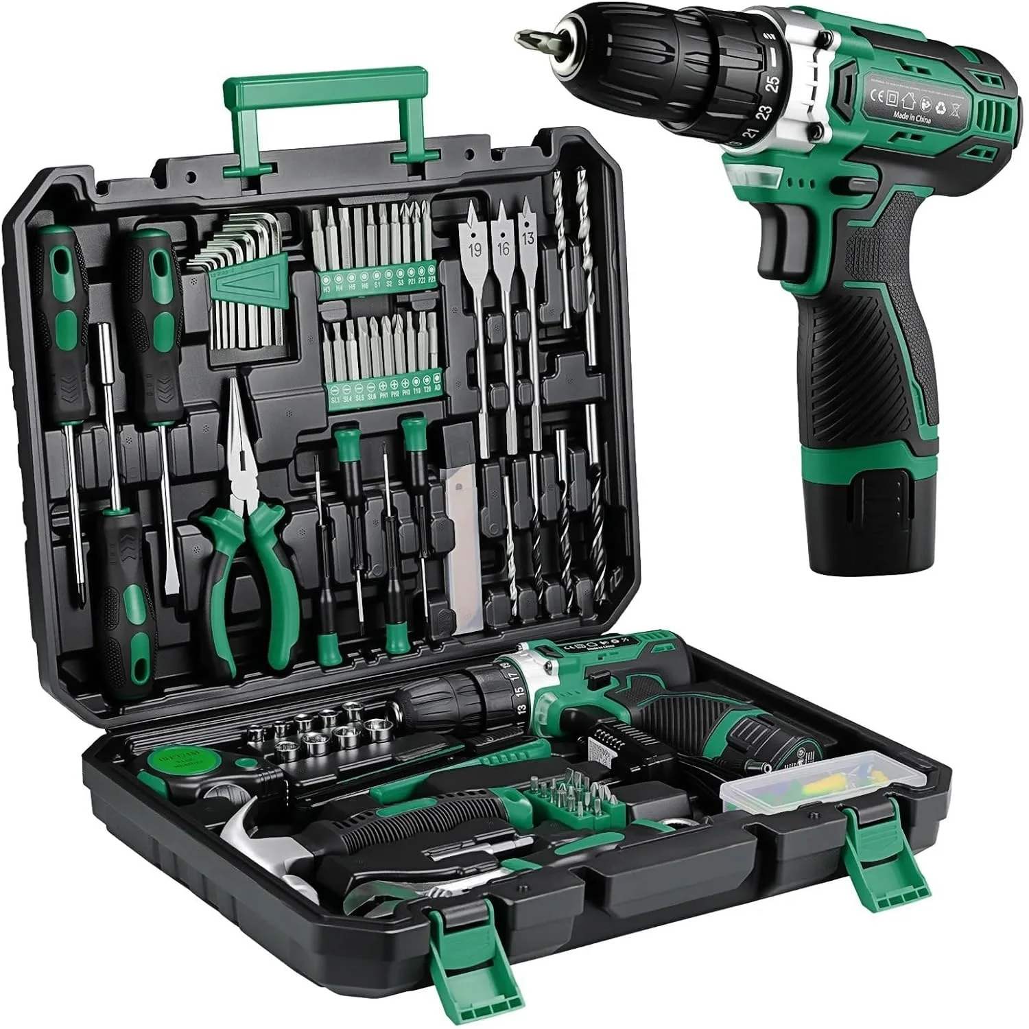 

138 Pieces -Tool Kit Box Drill Set Home Mechanic Toolbox with 12V Power Cordless Drill Hand Repair Tools Sets Combo Kits