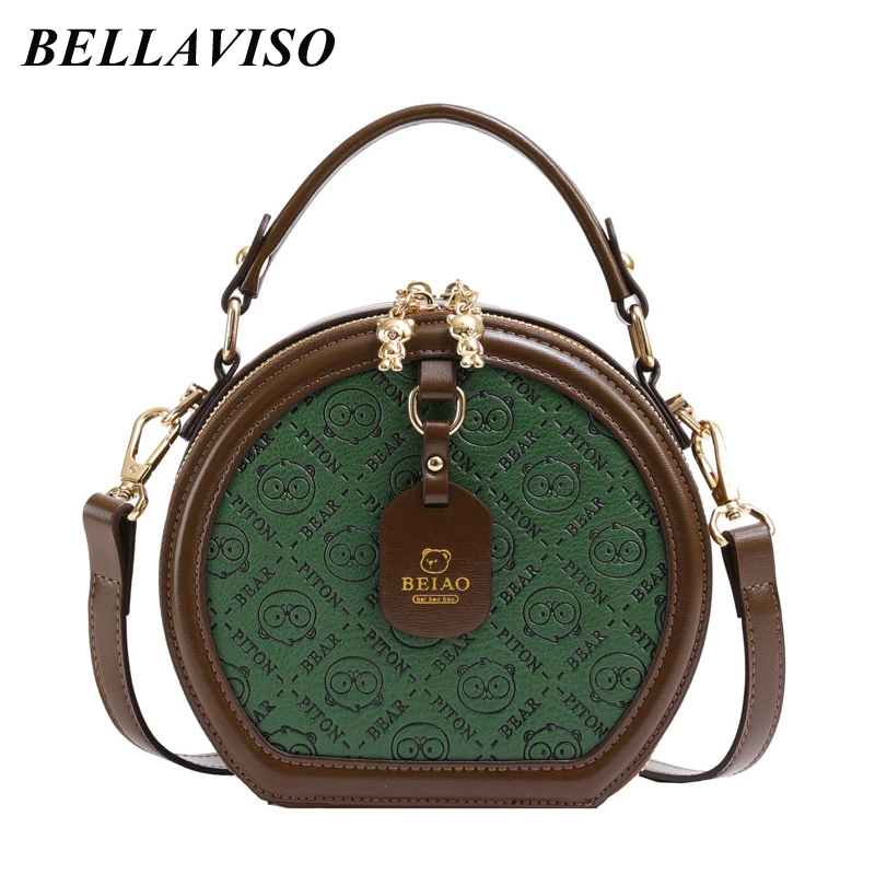 

BellaViso Роскошная зеленая женская сумка через плечо из искусственной кожи женская круглая Портативная сумка через плечо с мультяшным медведем