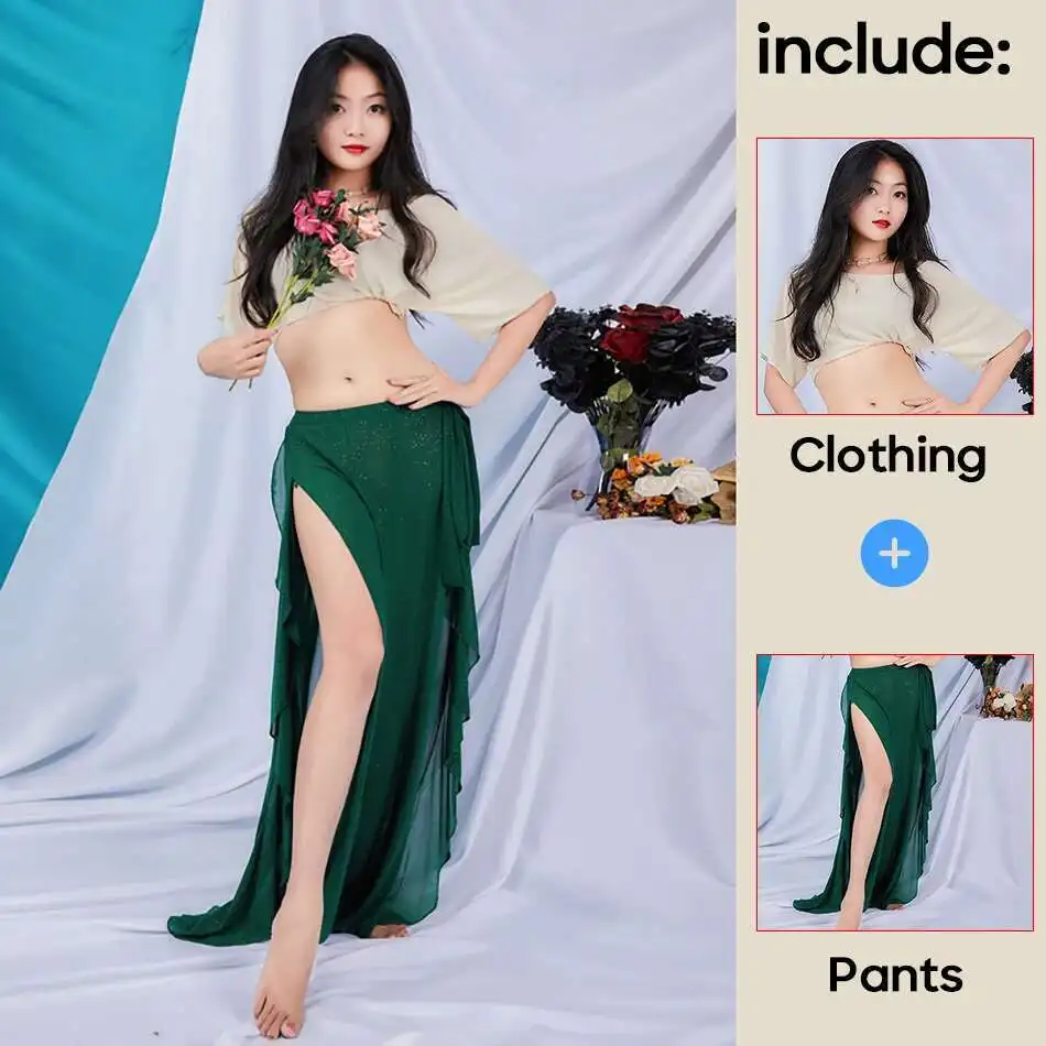 Buikdanskostuums Outfits Oefenkleding 2-delige set Top en rok Bloemblaadjesbroek Prestaties Professionele dans Kleurrijke rok