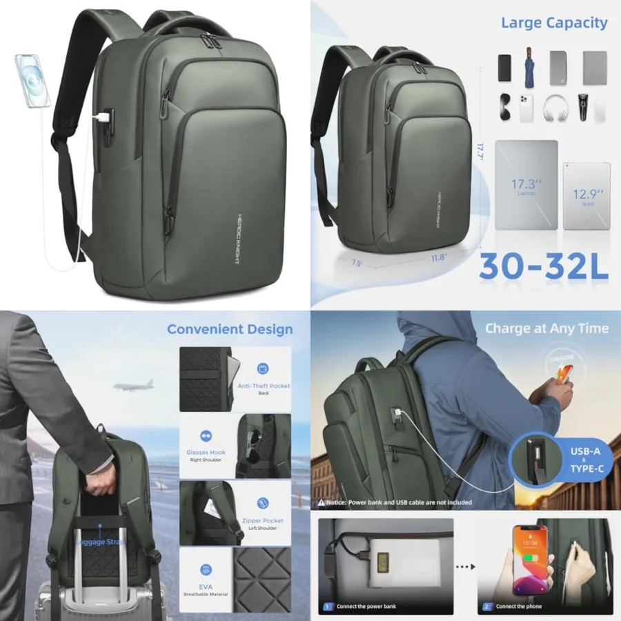 

17.3 Inch Laptop Backpack for Travel Work Office College, 30L Water Resistant Casual Daypack, Lightweight Computer Backpack for
