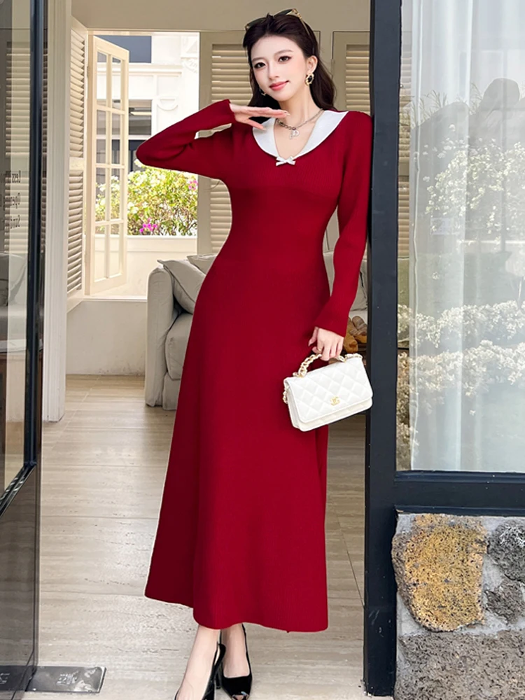 

French Fashion Spring Red Knitted Sweater Long Dress Vintage Women Elegant V-Neck Long Sleeve Casual A-Line Dress Vestidos