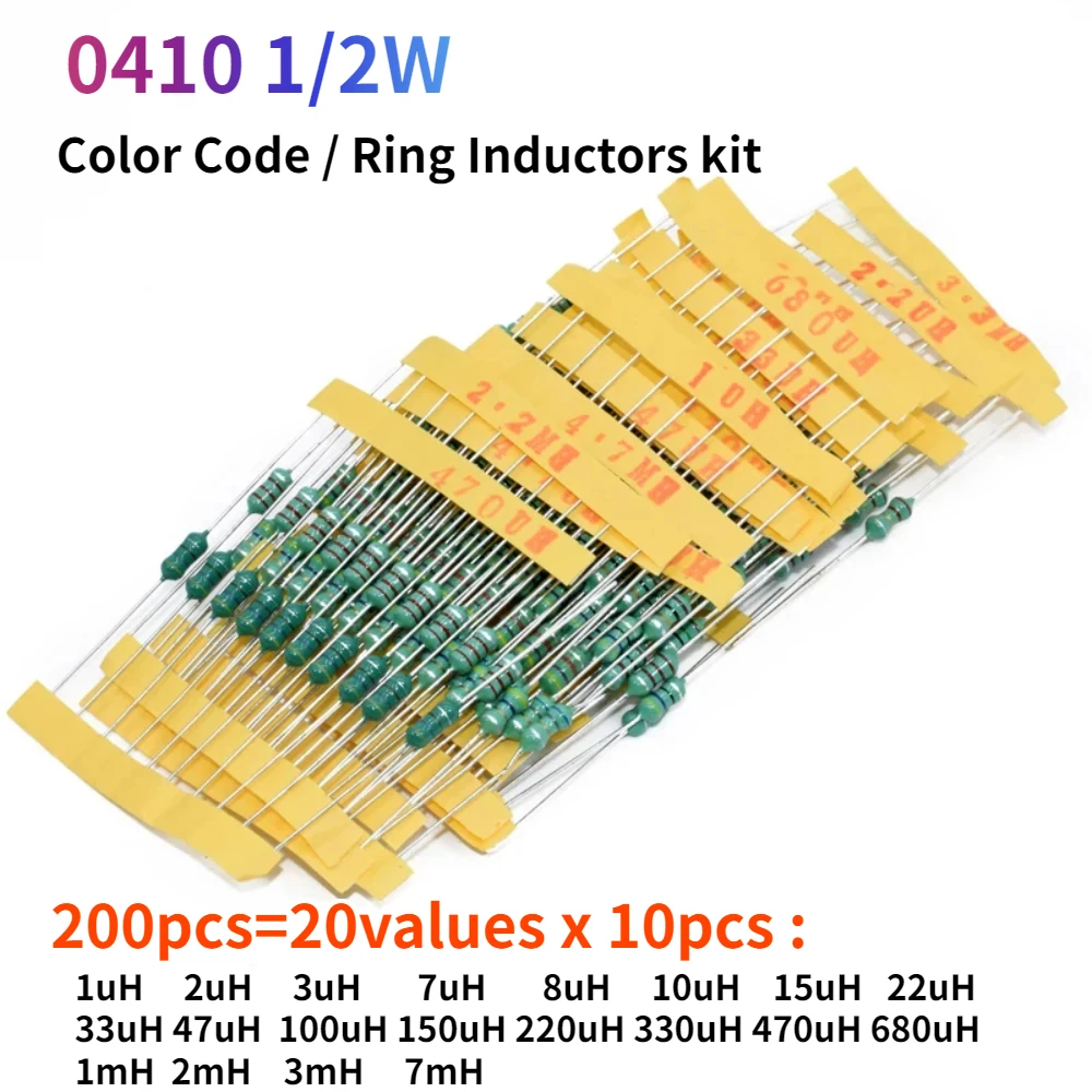 200 Pz 0410 1/2W Codice Colore/Anello Induttori Kit 1Uh -4.7Mh 20 Valori 1Uh 2Uh 3Uh 7Uh 8Uh 10Uh 15Uh 22Uh 33Uh 47Uh 100Uh 150Uh