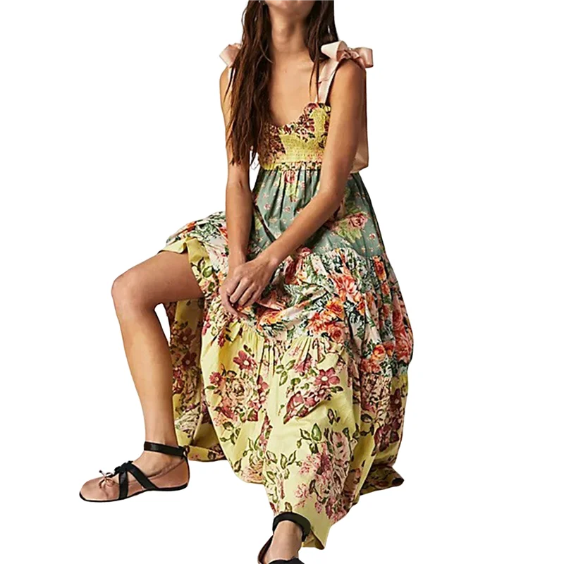 Abito estivo Boho floreale da donna con cravatta sulla spalla, patchwork smockato, maxi abiti fluidi con tasche, autunno-A55G estivo