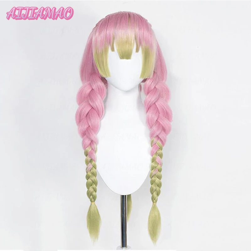 Mitsuri Oke Roji Anime Cosplay Perruque + WigCap, Cheveux Longs, Rose, Vert, Degré de Chaleur, Costume