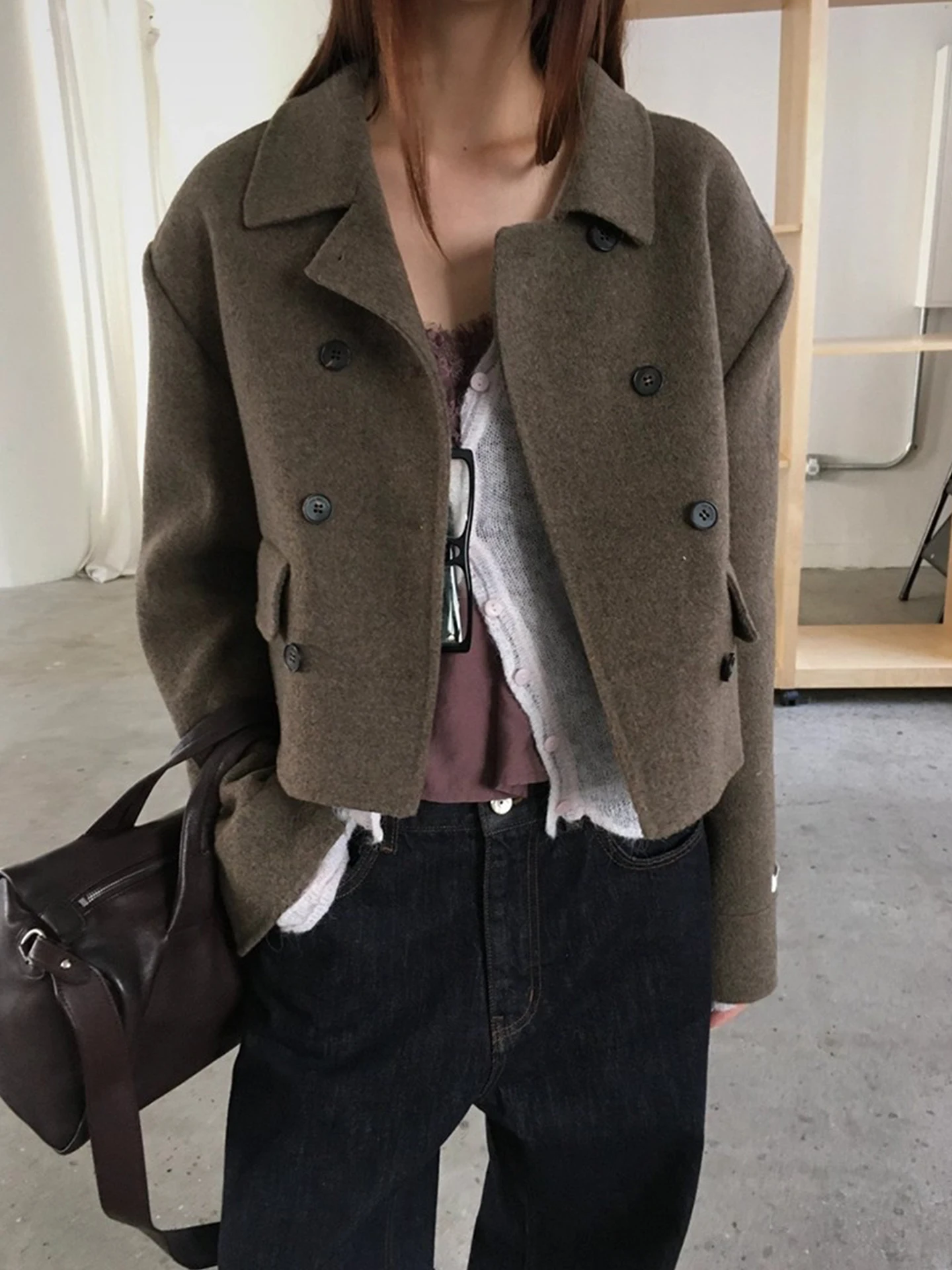 

Retro Ele Notch Collar Double Breasted Color Woolen ort Coat Women's Winter New Sle Small Size Open Cardigan Top