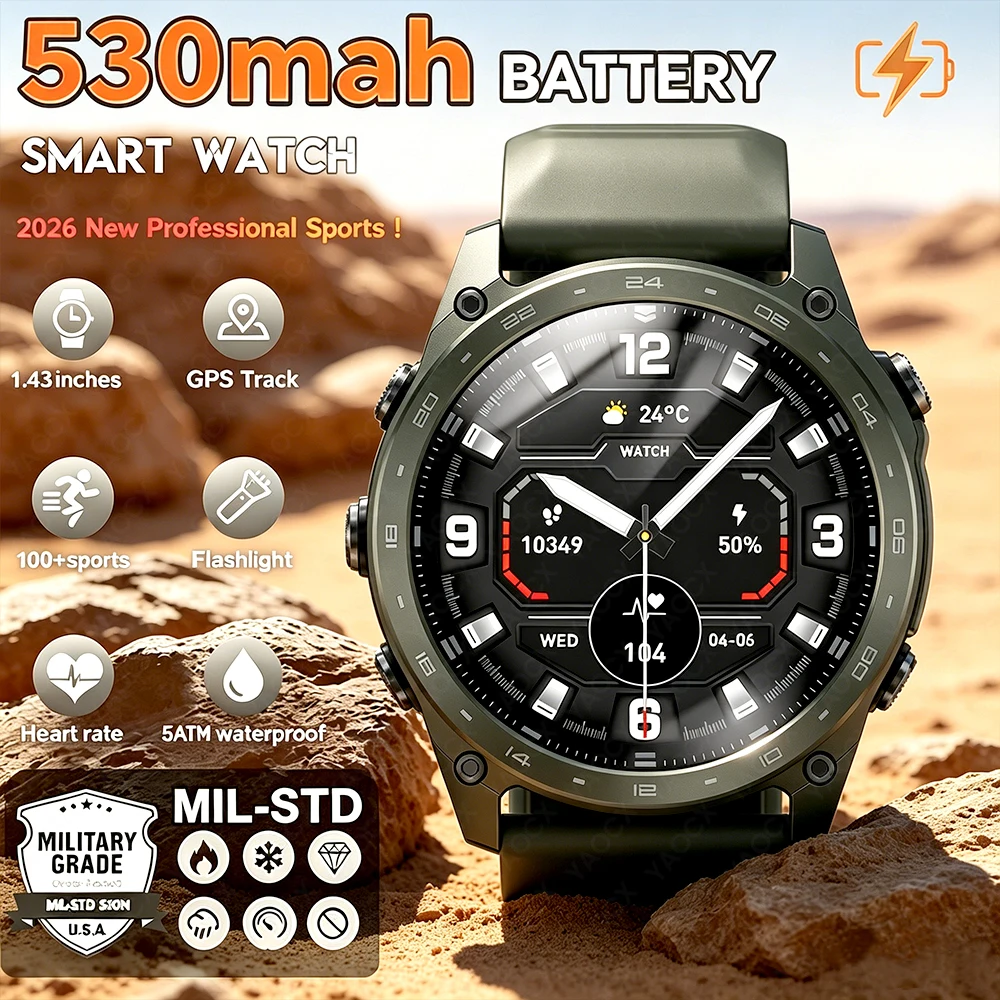 

Military Grade 530mAh Battery Smart Watch 5ATM Waterproof GPS Tracker Bluetooth Call AMOLED HD Men Sports 2026 New Smartwatch