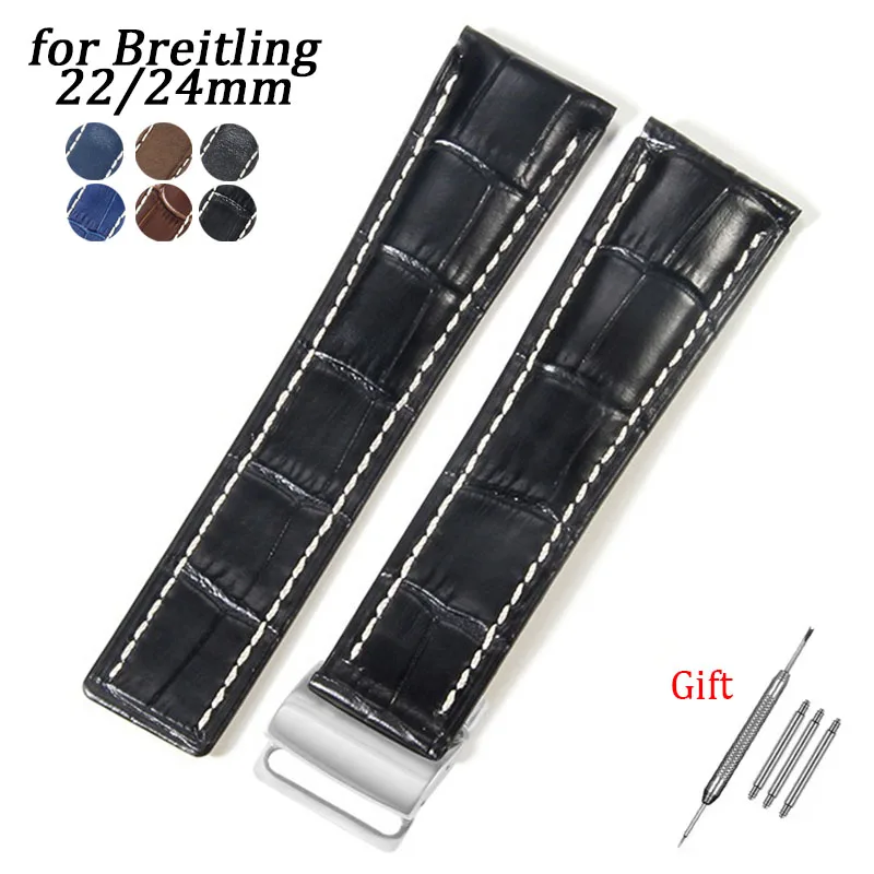 Correa de cuero de vaca de 22mm y 24mm para reloj Breitling, pulsera impermeable, pulsera Universal con hebilla plegable para hombre y mujer