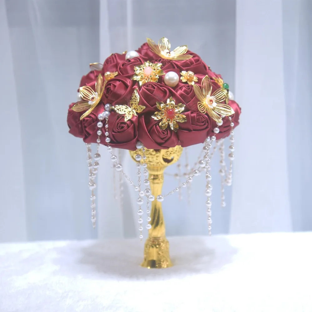 Chinese Red & Gold Rose Scepter Bridal Wedding Bouquet with Pearls Silk Flower Bouquet for Wedding Accessories Wedding Props