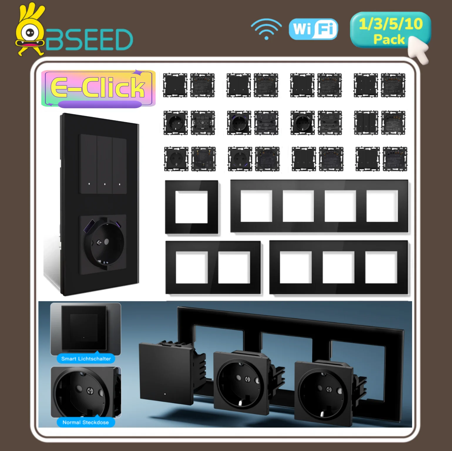 BSEED WIFI Click Switch Modules Smart Light Switch Parts Black Glass Shutter Curtain DIY Wall Sockets USB Charge Key E-Series
