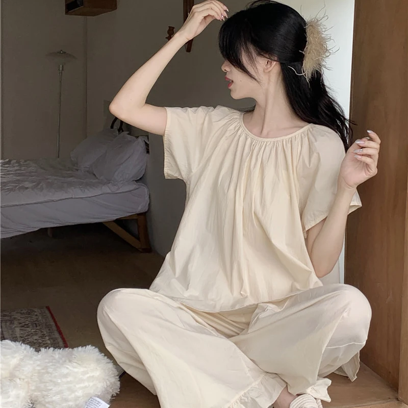 

Solid Soft Spring Pajamas Set Short Sleeve Shirts + Trousers Cotton Casual Sleepwear Thin Elegant Home Suit Pleated Ruffles