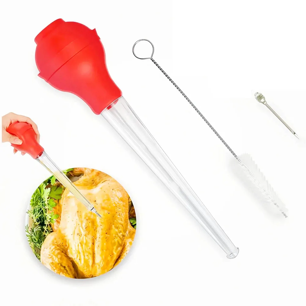 Kit de jeringa con inyector de sabor a carne, inyector de adobo para barbacoa de pollo de pavo con cepillo de limpieza, herramienta de bomba de aguja de condimentos jugosa