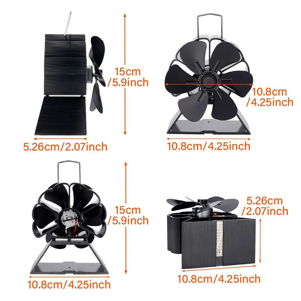 6 Blade Heat Powered Stove Fan Anodized Aluminum Quiet Eco Heat Circulation For Wood Log Burner Fireplace Home Winter Heating