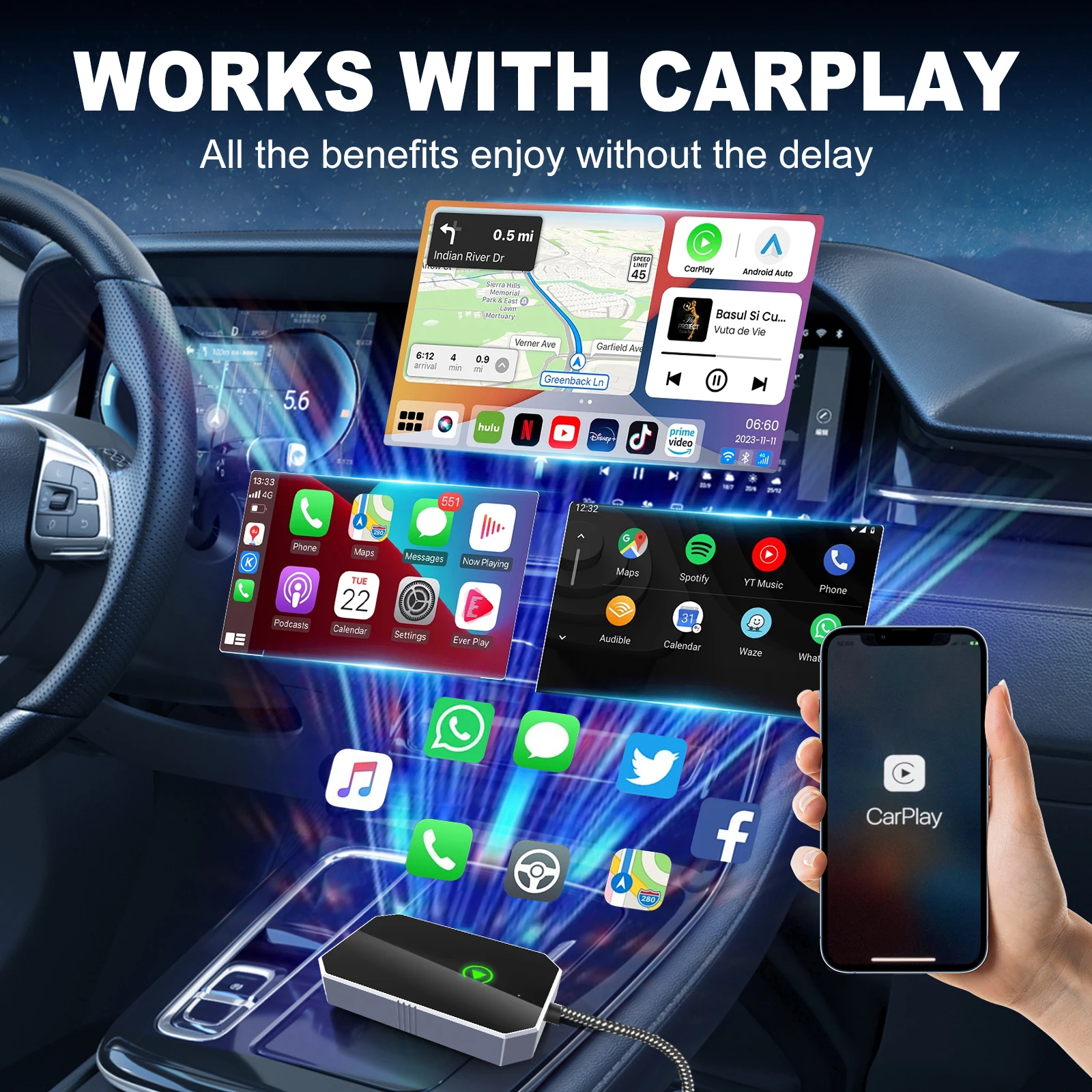 Mini Carplay Android Auto Box Wired To Wireless For BMW Toyota Honda Mazda Nissan Chevrolet Kia Ford Hyundai VW LADA